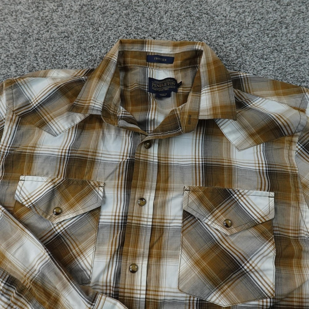 Pendleton Shirt Mens XL Brown Plaid Pearl Snap Western Frontier Cowboy Ranch Top